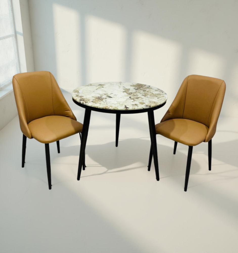 طاولة رخام دائرية و 2 كرسي جلد