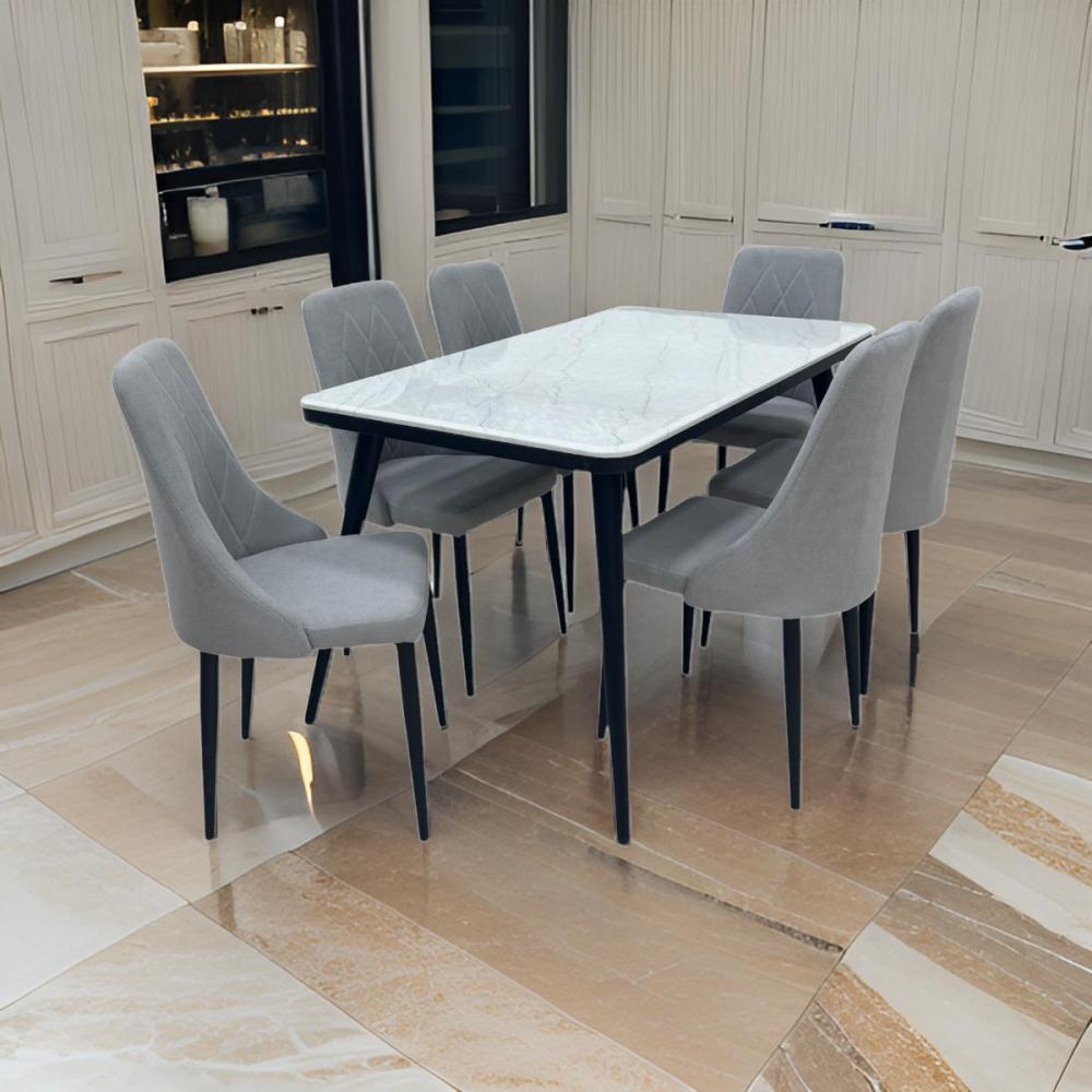 طاولة طعام رخام فاخرة - 6 كرسي لون رمادي فاتح