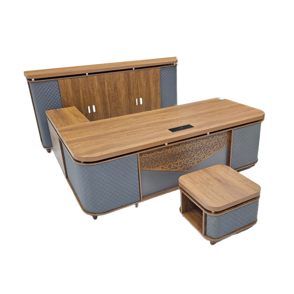 مكتب حرف L مع دولاب وطاولة خدمة