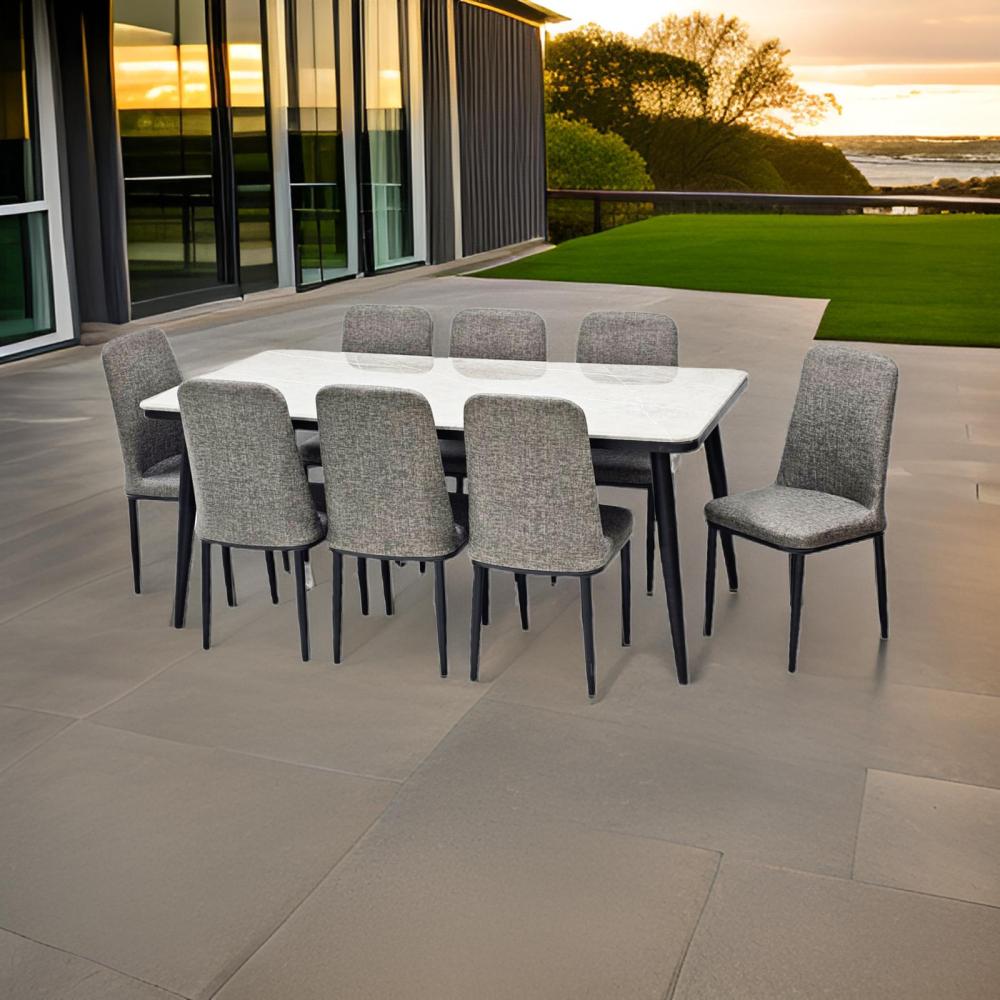 طاولة طعام رخام 8 كرسي جلد لون رمادي