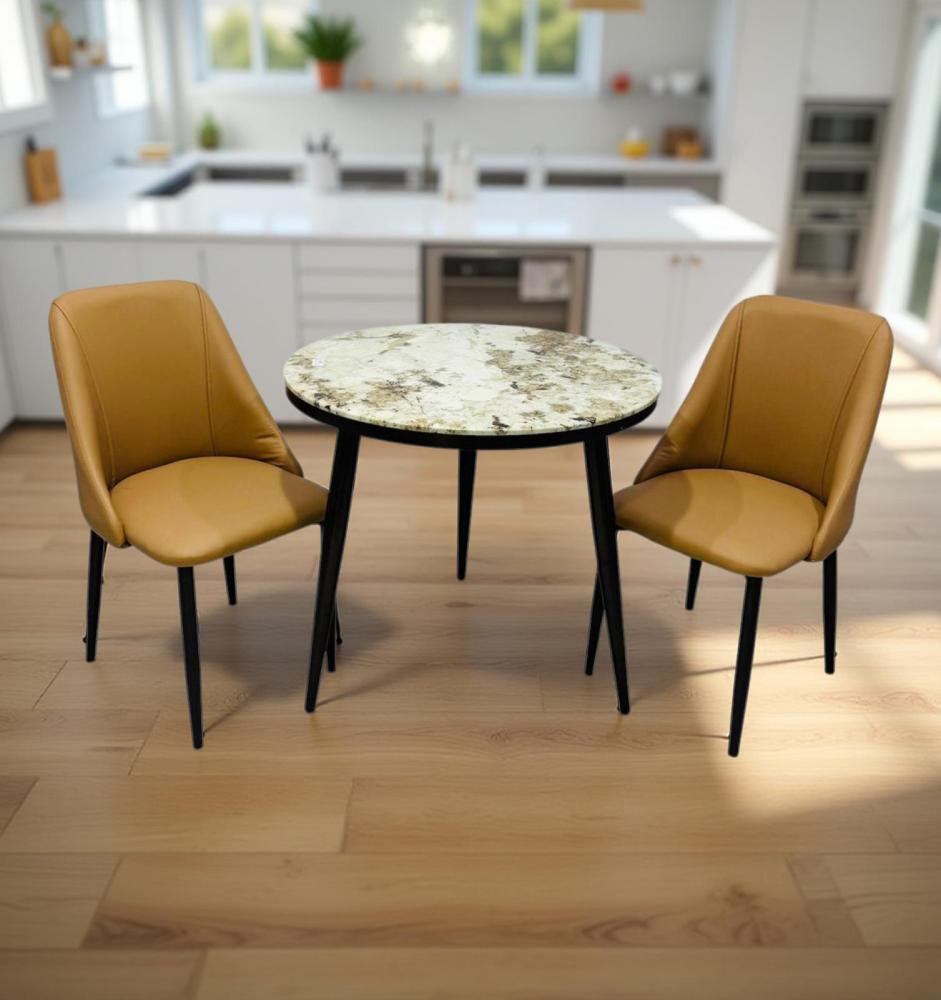 طاولة رخام دائرية و 2 كرسي جلد