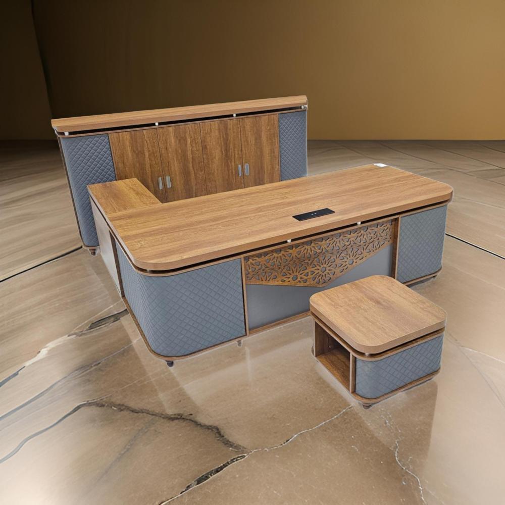 مكتب حرف L مع دولاب وطاولة خدمة