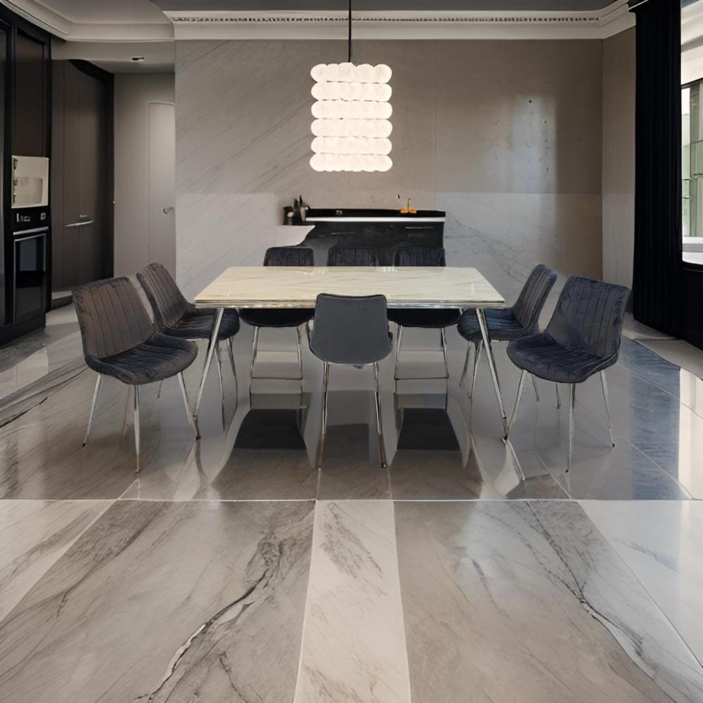 طاولة طعام ستيل رخام 8 كرسي رمادي غامق