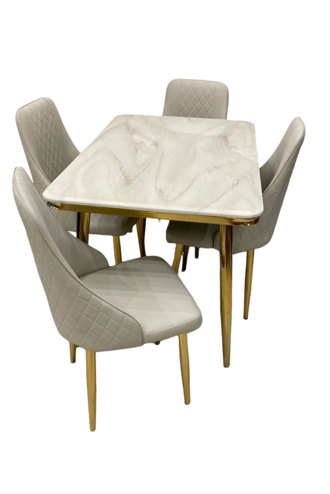 طاولة طعام رخام ستيل ذهبي 4 كرسي جلد