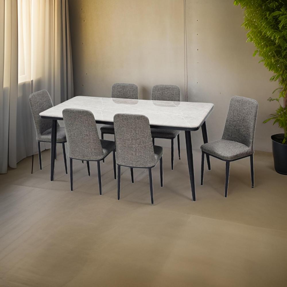 طاولة طعام رخام 6 كرسي جلد لون رمادي
