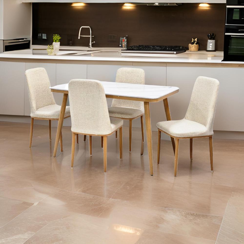 طاولة طعام رخام 4 كرسي جلد لون بيج