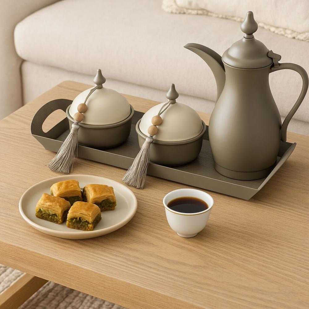طقم تقديم بـغطاين مع صينية خشب – تصميم راقٍ وأنيق