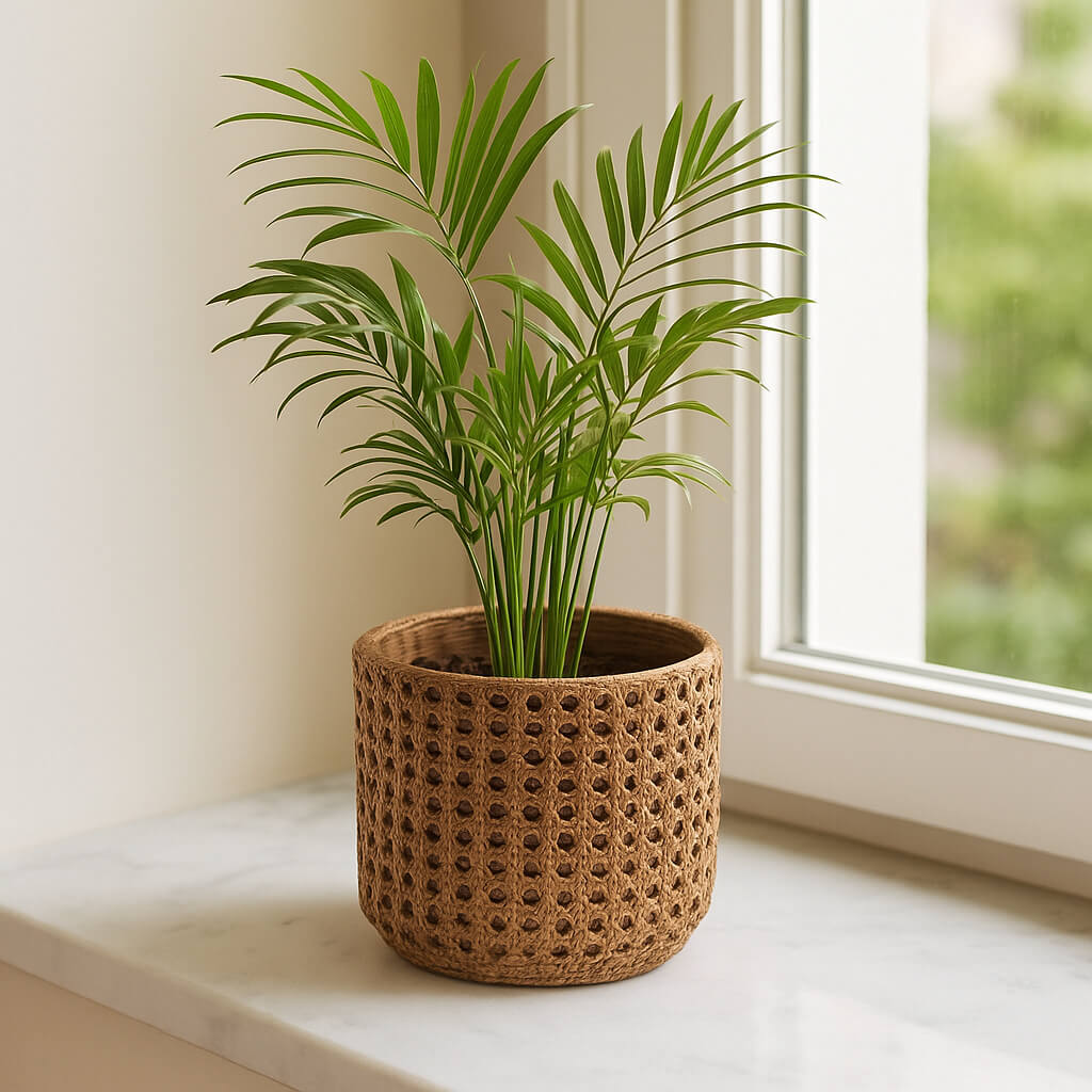 أصيص نبات بنقشة من الخوص البني