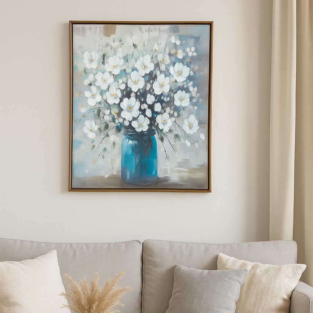 لوحة جدارية بإطار خشبي – مزهرية أزهار بيضاء