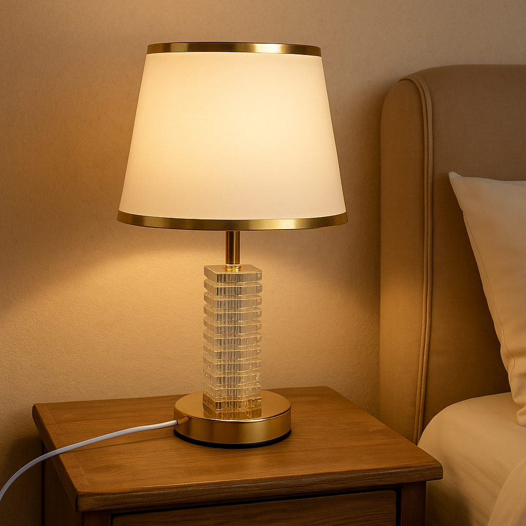 مصباح طاولة فاخر بقاعدة كريستالية وغطاء أبيض بحواف ذهبية