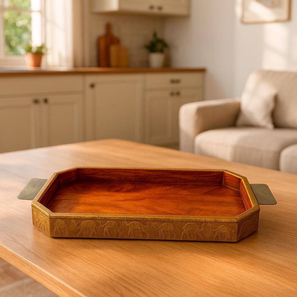 صينية تقديم خشبية فاخرة بنقوش فنية – مقاسين