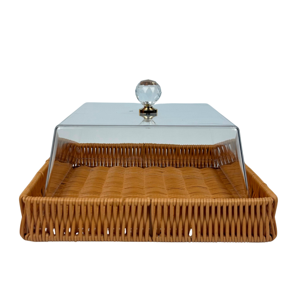 صينية تقديم بغطاء شفاف ومقبض كريستالي