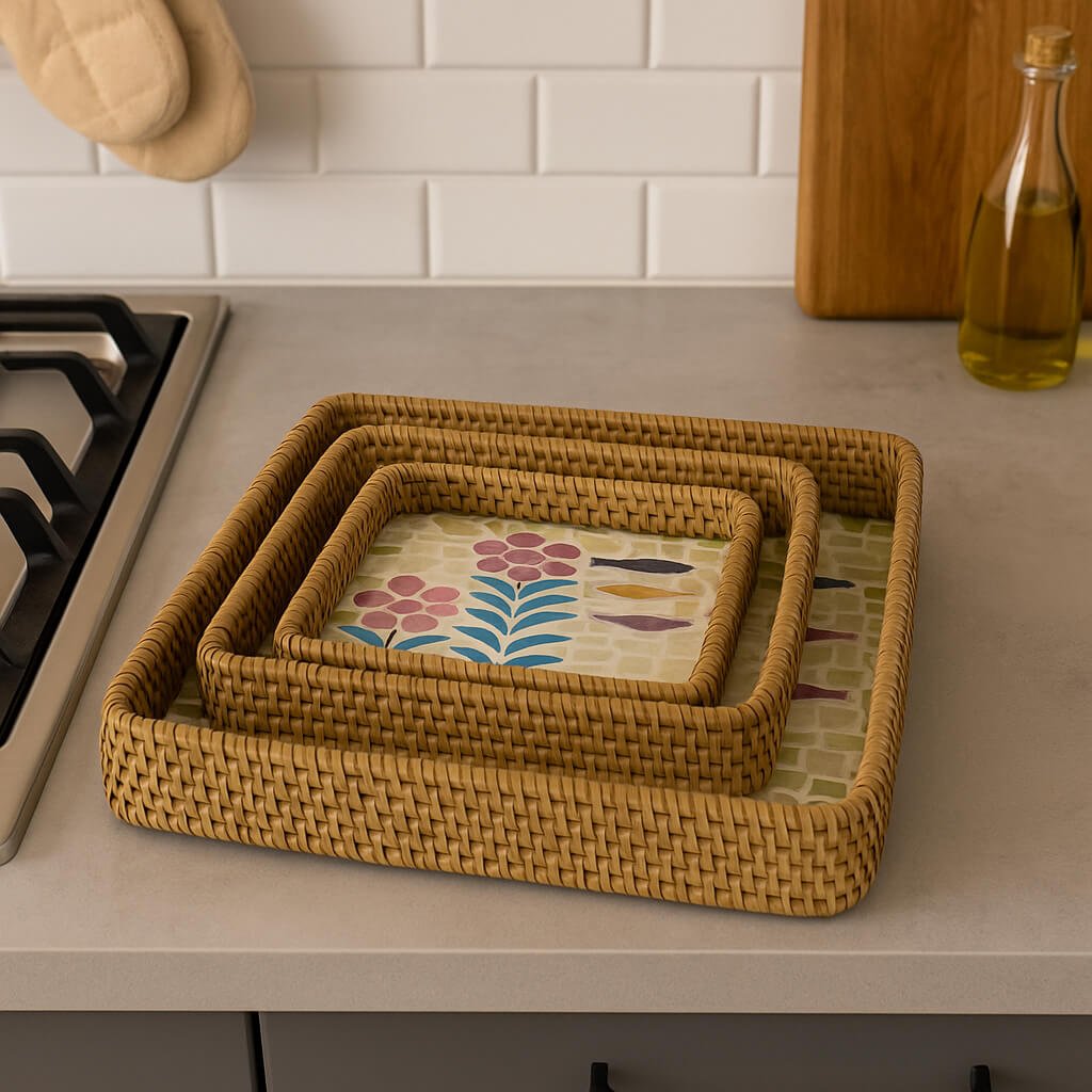 طقم صواني خيزران مستطيلة بنقشة فسيفساء ورود وأسماك