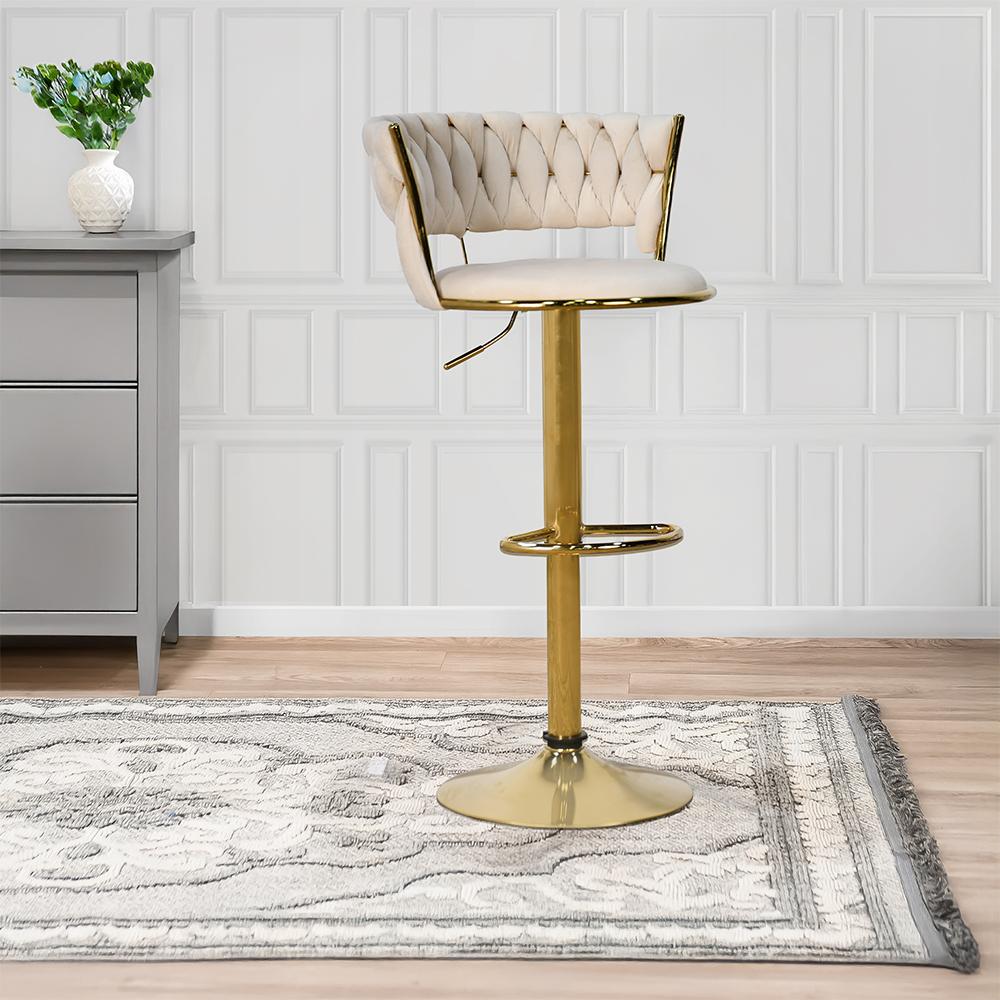 كرسي بار قماش مخمل بيج بإطار ذهبي