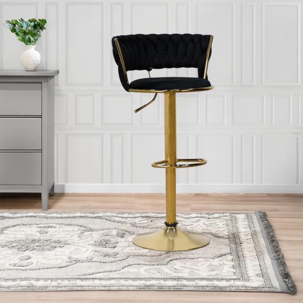 كرسي بار قماش مخمل أسود بإطار ذهبي