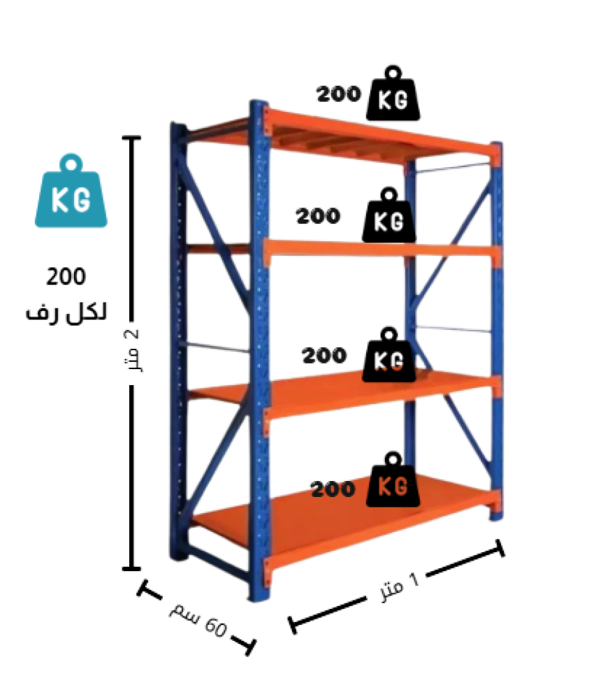 رفوف تخزين خفيفة إلى متوسطة التحمل 100×200x60cm