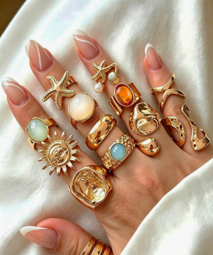 طقم خواتم نسائية ذهبي مكوّن من 14 قطعة بتصميم بوهيمي مستوحى من أجواء الشاطئ والعطلات