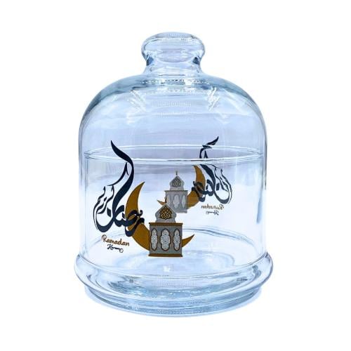 تمرية للتقديم زجاجي بغطاء رمضان كريم ذهبي وأسود