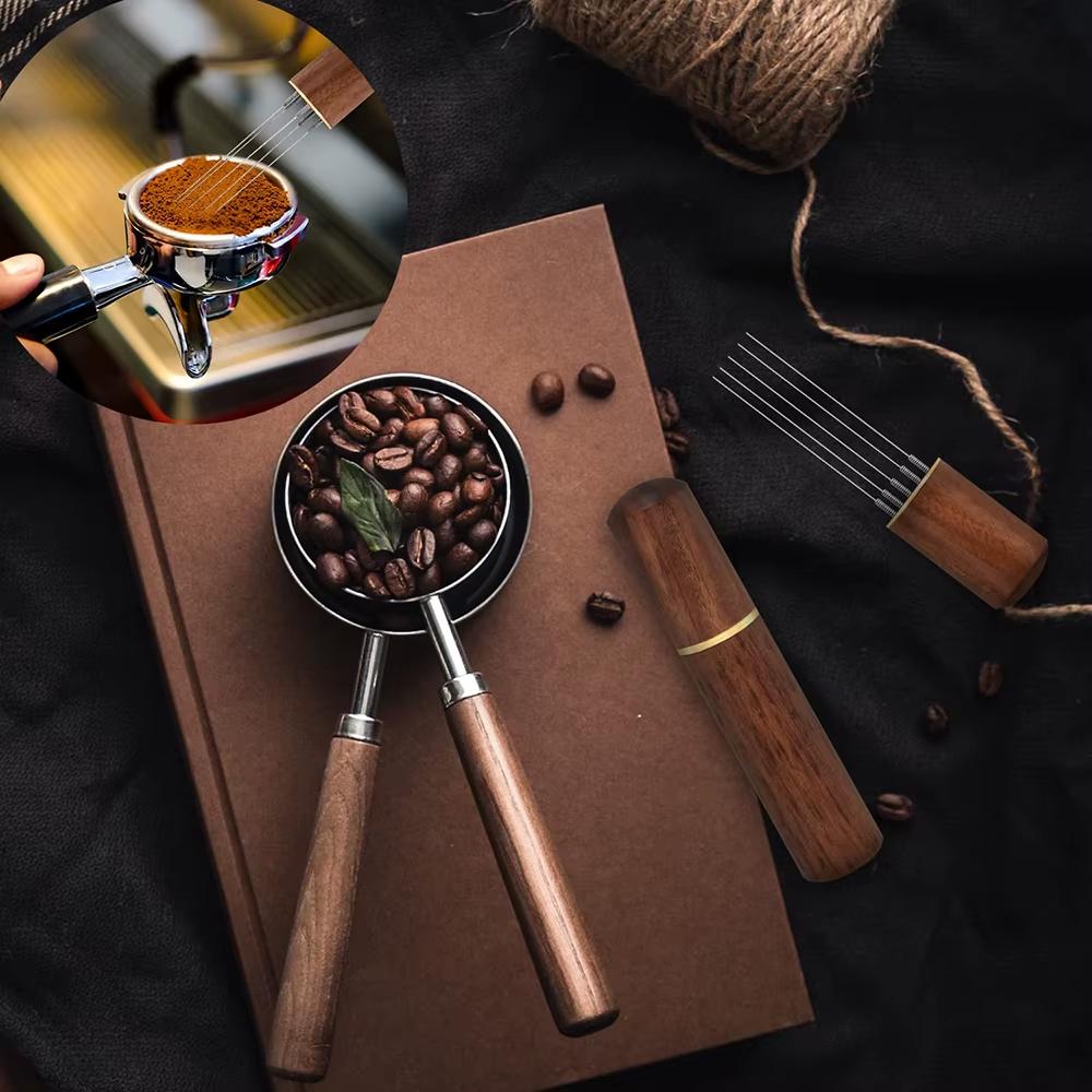 أداة توزيع مسحوق القهوة من ستانلس ستيل مع مقبض خشبي