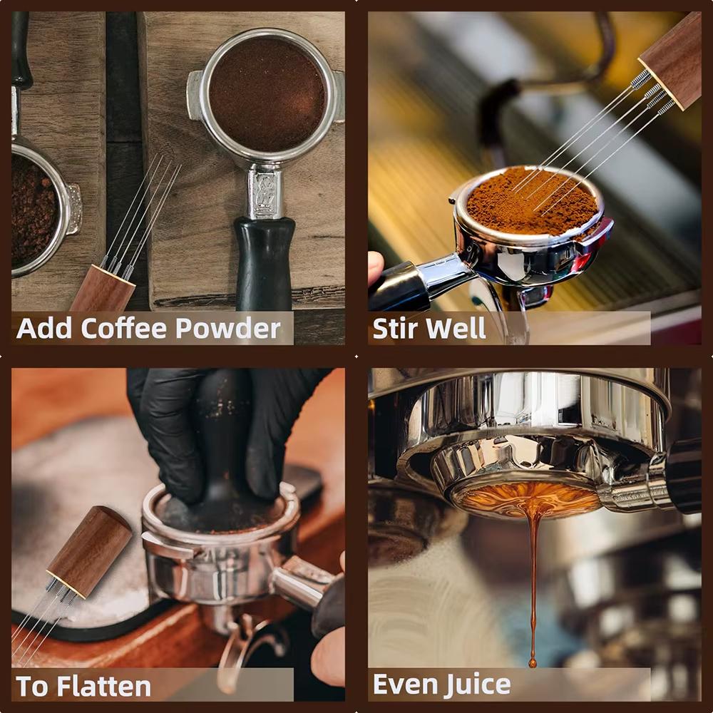 أداة توزيع مسحوق القهوة من ستانلس ستيل مع مقبض خشبي