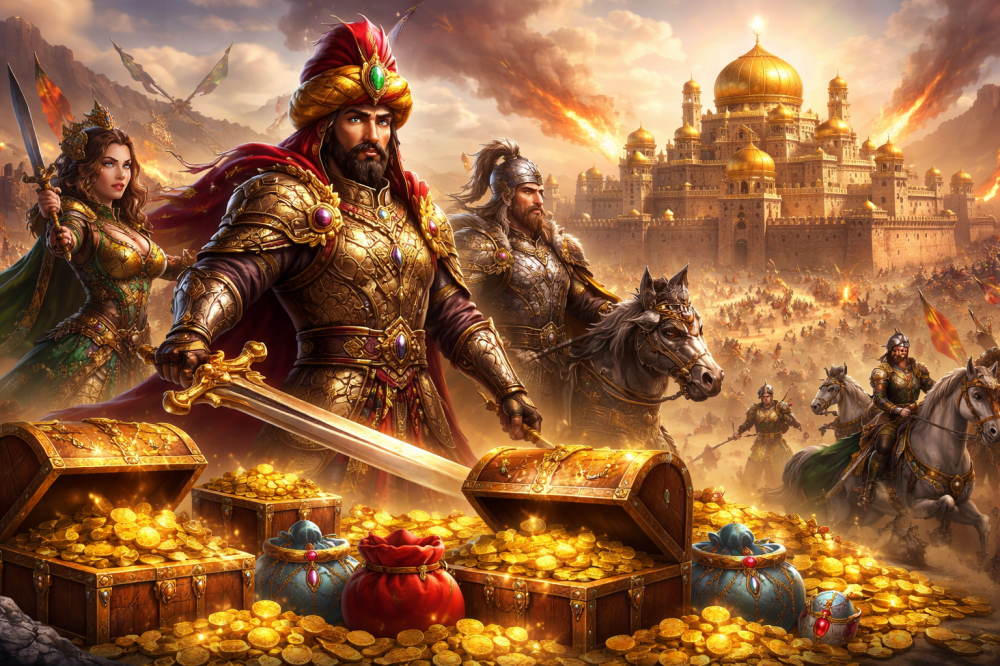 مشهد خيالي ملحمي لسلطان يقود جيشًا في معركة أمام مدينة صحراوية فخمة، م