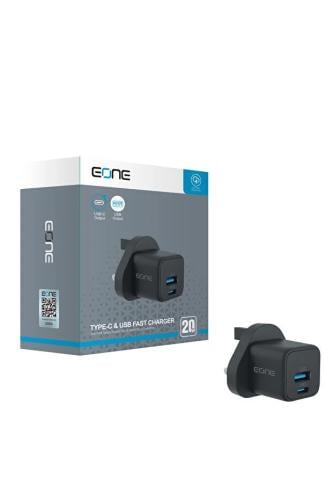 شاحن EONE جداري 20 واط يدعم الشحن السريع بي دي – بمنفذين تايب سي + USB أسود