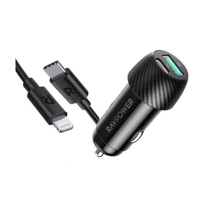 Package RavPower car charger, 49 watts, two USB ports, PD + PD cable -  الحازمي ALHAZMI