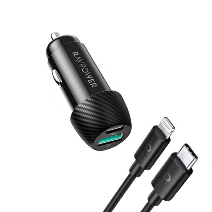 Package RavPower car charger, 49 watts, two USB ports, PD + PD cable -  الحازمي ALHAZMI