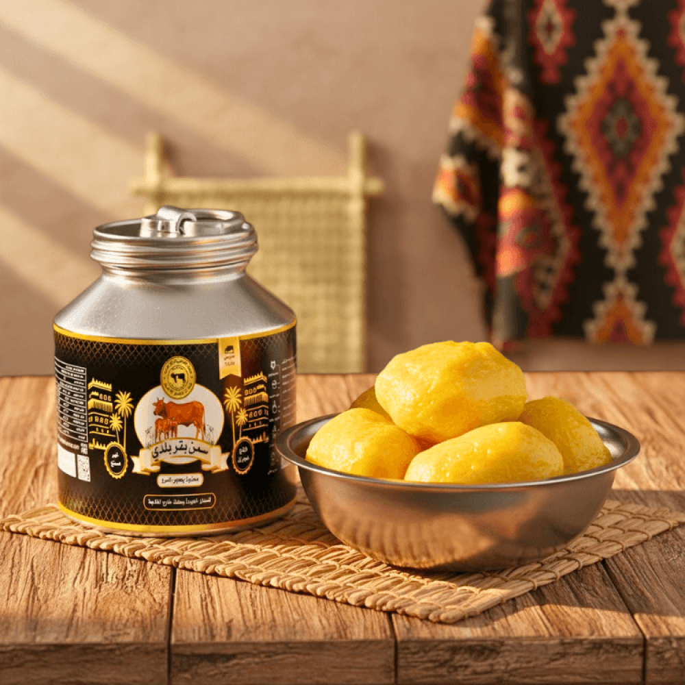 علبة سمن بقر بلدي نقي انتاج نجران بلون ذهبي غني تعكس الاصالة والجودة ا
