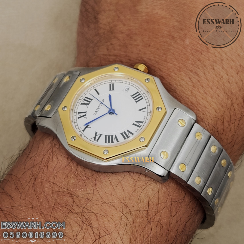 Cartier Santos Octagon Watch - Stainless Steel Belt Battery Machine, Silver and Gold, White Dial - Slim, Size 36