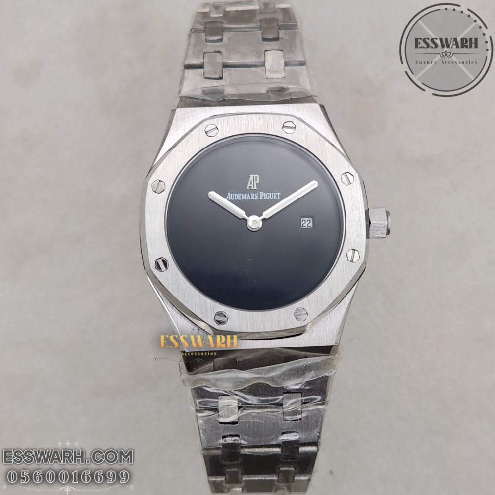 Audemars Piguet Luxury Women's - Royal Oak - Silver Stainless Steel Belt Battery Smooth Black Enamel Without Seconds Size 32