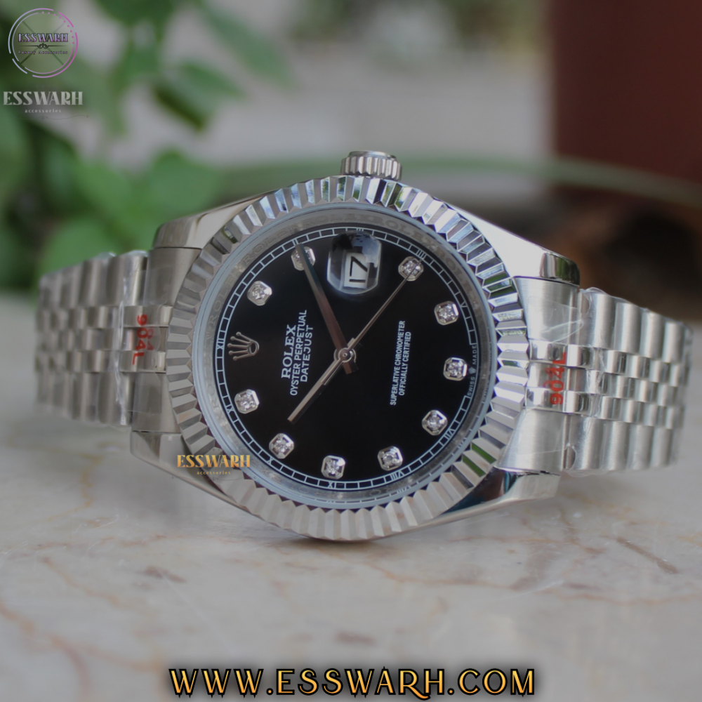 Rolex DateJust luxury watch automatic movement stainless steel strap and black dial with bezels size 41