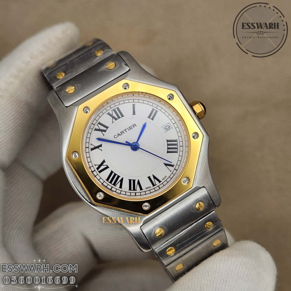 Cartier Santos Octagon Watch - Stainless Steel Belt Battery Machine, Silver and Gold, White Dial - Slim, Size 36