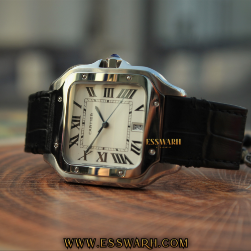 Cartier Santos Black leather belt batteries with white dial date