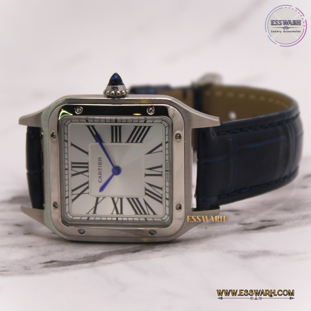 Cartier Santos Slim Dark Navy Leather Strap Batteries White Dial Blue Hands Size 36