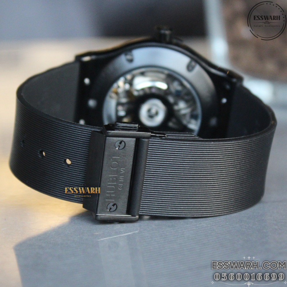 Hublot MECA - Automatic, smooth black strap, full black ceramic bezel, exposed enamel, two hours in a watch, size 41