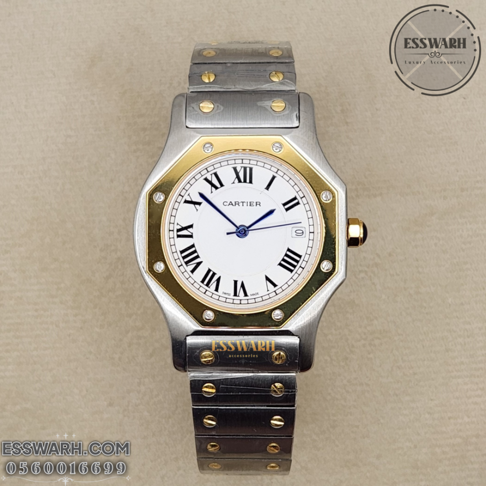 Cartier Santos Octagon Watch - Stainless Steel Belt Battery Machine, Silver and Gold, White Dial - Slim, Size 36