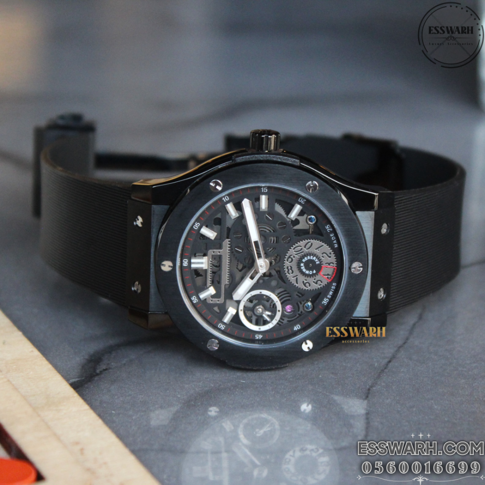 Hublot MECA - Automatic, smooth black strap, full black ceramic bezel, exposed enamel, two hours in a watch, size 41