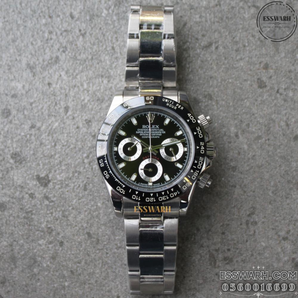 ساعة رولكس دايتونا - بطاريات سير استانليس ستيل و مينا اسود عقرب ثواني حركة اوتوماتيك ايطار سيراميك اسود مقاس 40