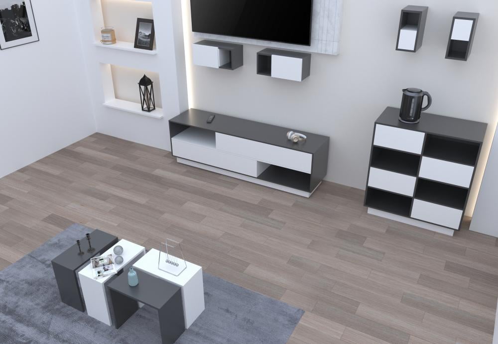 طقم طاولات وملحقاتها لغرفة معيشة 10 قطع - رمادي وأبيض