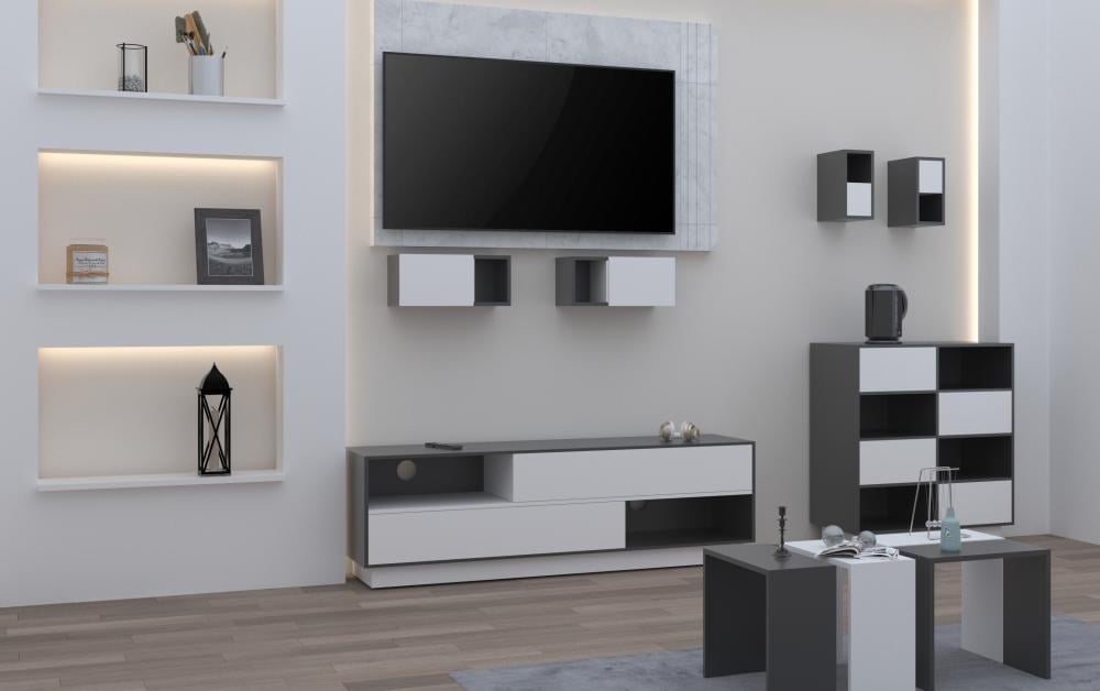 طقم طاولات وملحقاتها لغرفة معيشة 10 قطع - رمادي وأبيض