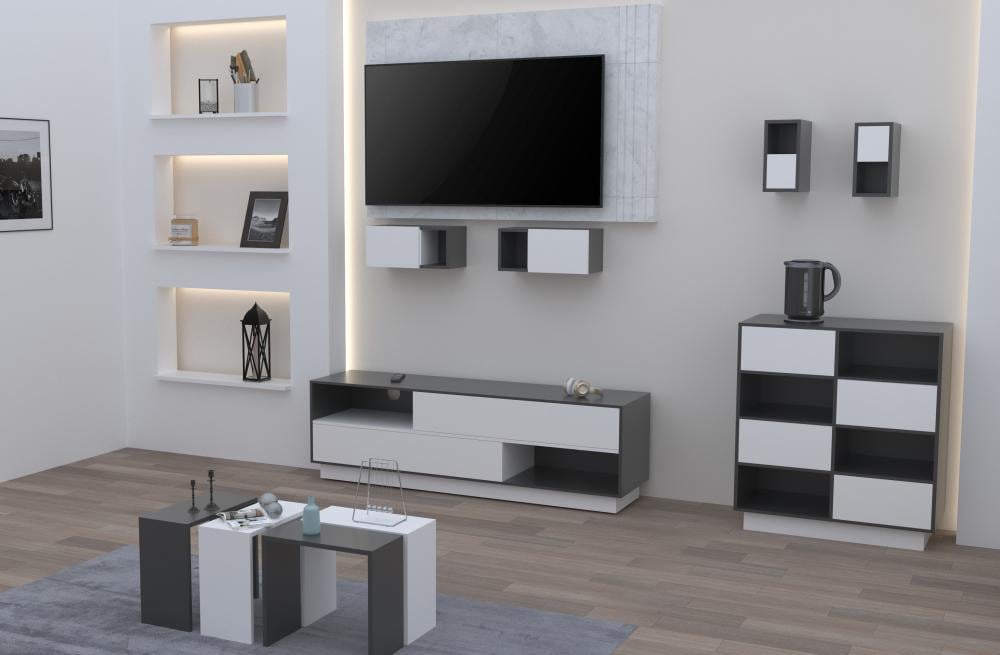 طقم طاولات وملحقاتها لغرفة معيشة 10 قطع - رمادي وأبيض