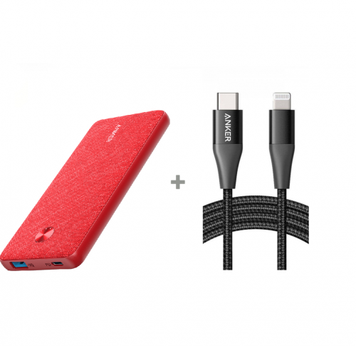 بكج أنكر بطارية متنقلة 10000 بتقنية PD أحمر وكيبل لايتننج أبل تايب سي بطول 0.9 أسود