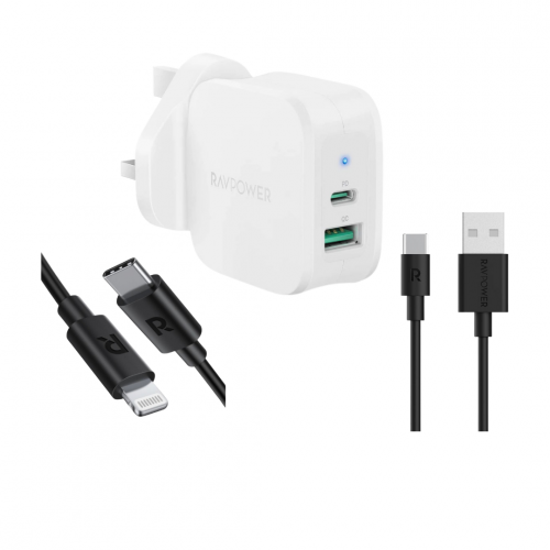 بكج شاحن راف باور جداري بتقنية PD أبيض مع كيبل لايتننج تايب سي أبل مع كيبل يو اس بي الى تايب سي