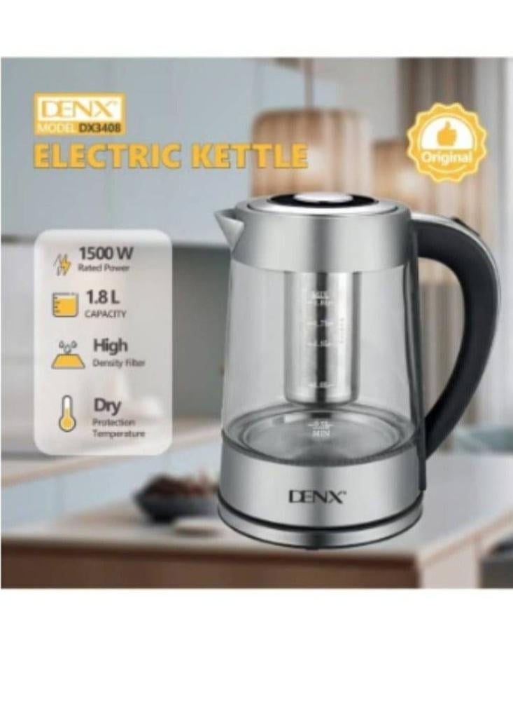 غلاية كهربائية DENX DX3408 بزجاج بوروسيليكات 1.8 لتر وقدرة 1500 واط