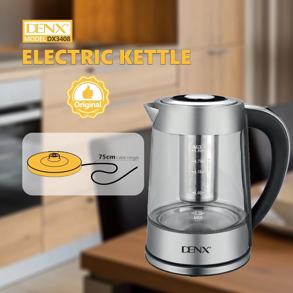 غلاية كهربائية DENX DX3408 بزجاج بوروسيليكات 1.8 لتر وقدرة 1500 واط