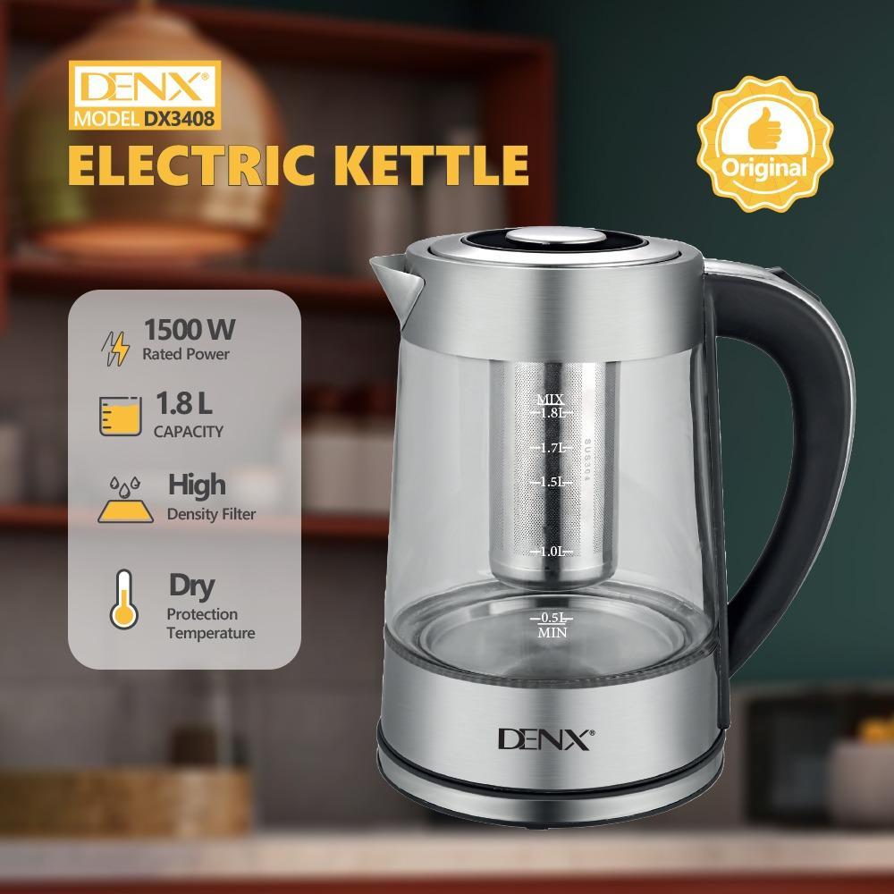 غلاية كهربائية DENX DX3408 بزجاج بوروسيليكات 1.8 لتر وقدرة 1500 واط