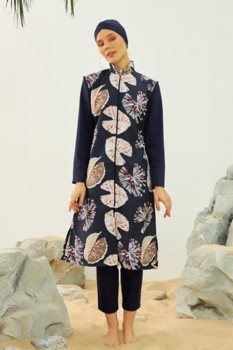 ملابس سباحة للمحجبات باللون الاسود ونقوش اوراق الشجر الملونه الرائعة A-00109