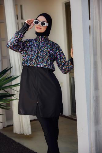 ملابس سباحة للمحجبات باللون الاسود و نقوش اوراق الشجر A-00242