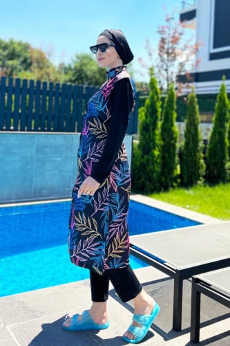 ملابس سباحة للمحجبات اسود بأنماط ملونة A-00048